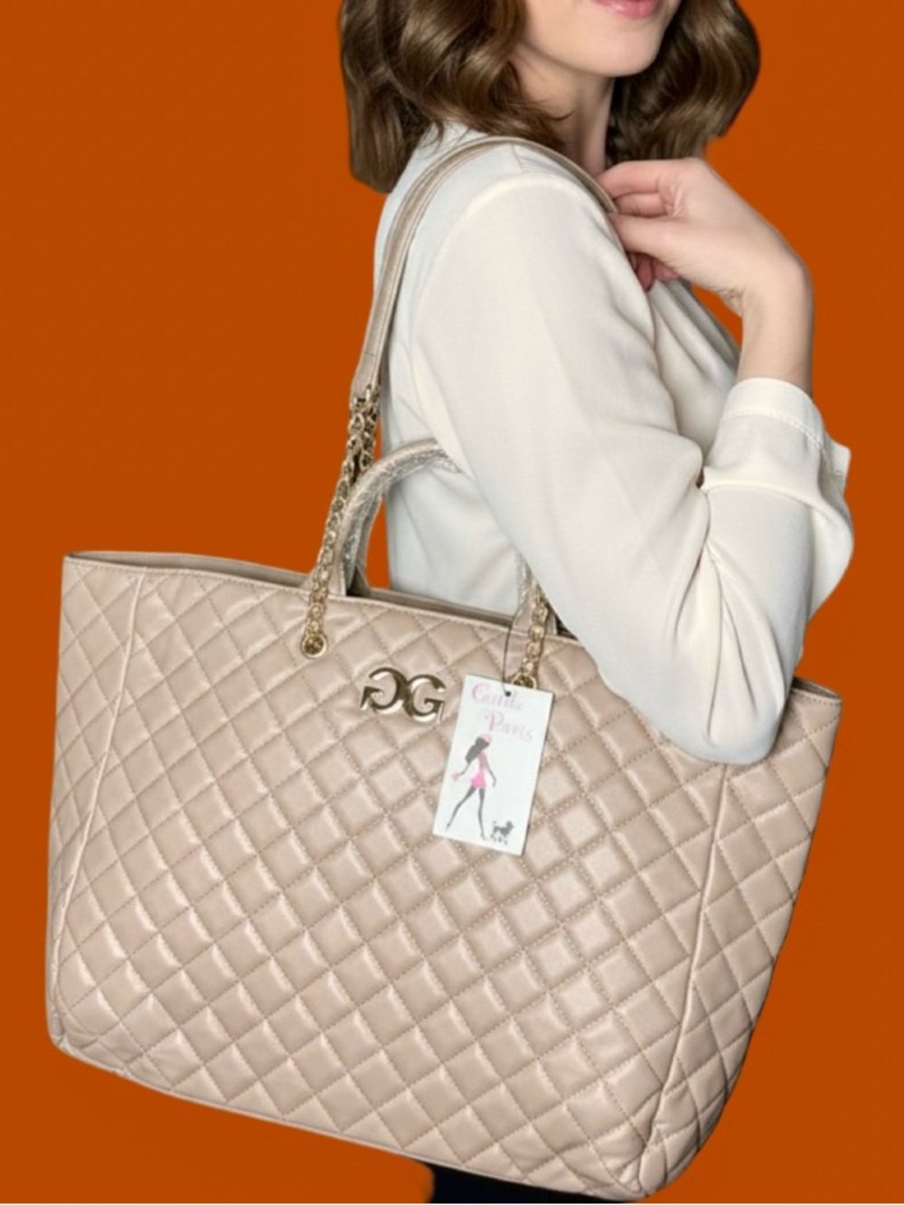 Gilda Paris tote features a taupe quilted design with gold hardware NWT - Picture 1 of 8